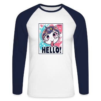 Une fille d’anime coquine dit bonjour - T-shirt baseball manches longues Homme - blanc/marine - Devant - Nik (191cm)