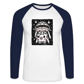 Enlèvement extraterrestre d’un cochon mignon - T-shirt baseball manches longues Homme - blanc/marine - Devant - Nik (191cm)