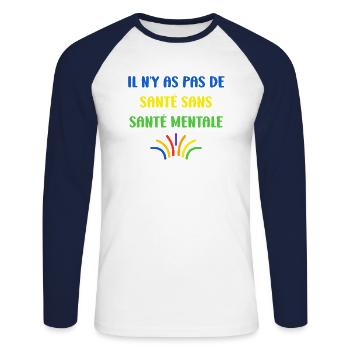 sensibilisation santé mentale - T-shirt baseball manches longues Homme - blanc/marine - Devant - Nik (191cm)