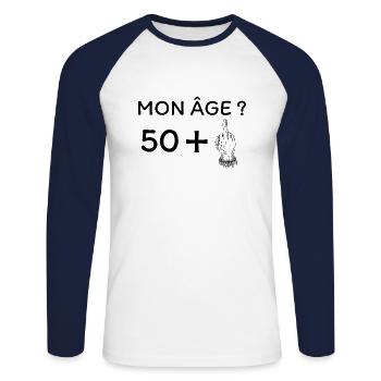 mon âge 51 - T-shirt baseball manches longues Homme - blanc/marine - Devant - Nik (191cm)