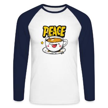 Funny laughing cup of peace, coffee and tea - Unisex Long Sleeve Baseball T-Shirt - white/navy - Front - Nik (191cm)