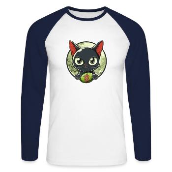Cute Funny Happy Japanese Cat - Unisex Long Sleeve Baseball T-Shirt - white/navy - Front - Nik (191cm)