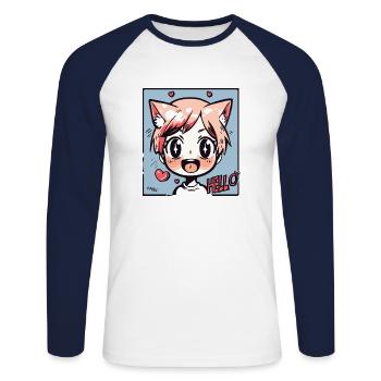 Süßes Fuchs Anime-Kind: Hallo! - Unisex Baseballshirt langarm - Weiß/Navy - Vorne - Nik (191cm)