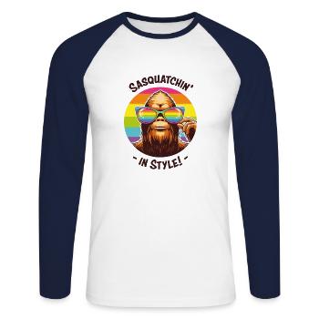 Sasquatchin' avec style - Drôle de Bigfoot - T-shirt baseball manches longues Homme - blanc/marine - Devant - Nik (191cm)