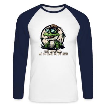 Heureux d’être ici : Cool Alligator - T-shirt baseball manches longues Homme - blanc/marine - Devant - Nik (191cm)