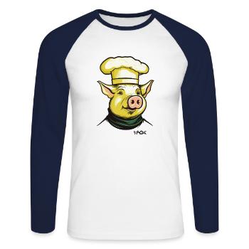 Drôle Cool Chef Cochon Chef - T-shirt baseball manches longues Homme - blanc/marine - Devant - Nik (191cm)