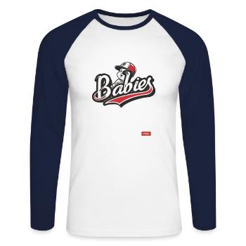 Parodie d’une équipe de baseball - T-shirt baseball manches longues Homme - blanc/marine - Devant - Nik (191cm)