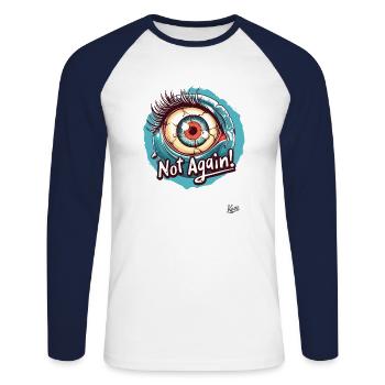 L’œil de la peur : plus jamais - T-shirt baseball manches longues Homme - blanc/marine - Devant - Nik (191cm)