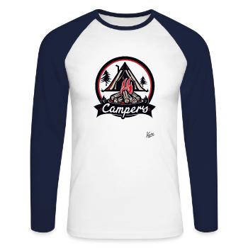 Tent and Campfire for Camping Lovers Campers - Unisex Long Sleeve Baseball T-Shirt - white/navy - Front - Nik (191cm)