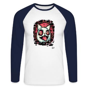 Irre Katze durchgestrichene Augen aus der Hölle - Unisex Baseballshirt langarm - Weiß/Navy - Vorne - Nik (191cm)