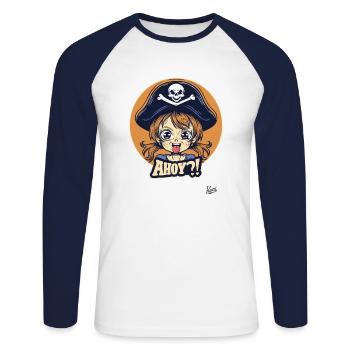 Petite fille pirate mignonne et coquine dit Ahoy - T-shirt baseball manches longues Homme - blanc/marine - Devant - Nik (191cm)