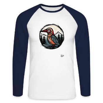 Holzschnitt Natur: Bäume und ein Vogel - Unisex Baseballshirt langarm - Weiß/Navy - Vorne - Nik (191cm)