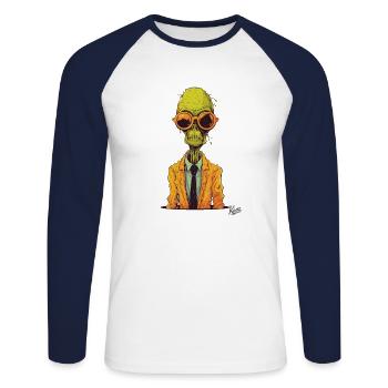 Le bourreau de travail zombie extraterrestre - T-shirt baseball manches longues Homme - blanc/marine - Devant - Nik (191cm)
