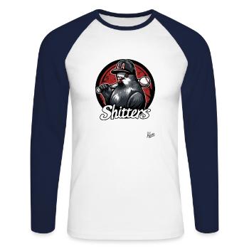 Funny parody baseball team pigeon: LA Shitters - Unisex Long Sleeve Baseball T-Shirt - white/navy - Front - Nik (191cm)