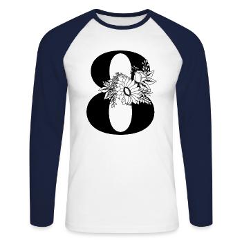 Nummer 8 Schwarze Blumen - 8. Geburtstag Blumen - Unisex Baseballshirt langarm - Weiß/Navy - Vorne - Nik (191cm)
