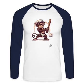 Baseball Player with Bat: Baby Monkey - Unisex Long Sleeve Baseball T-Shirt - white/navy - Front - Nik (191cm)