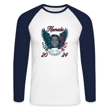 Kamala 2024 Bientôt Aigle - T-shirt baseball manches longues Homme - blanc/marine - Devant - Nik (191cm)