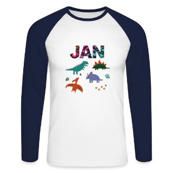 JAN - Schöner Jungen Name mit Dinosaurier - Unisex Baseballshirt langarm - Weiß/Navy - Vorne - Nik (191cm)
