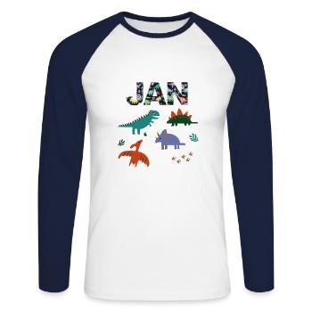 JAN - Schöner Jungen Name mit Dinosaurier - Unisex Baseballshirt langarm - Weiß/Navy - Vorne - Nik (191cm)