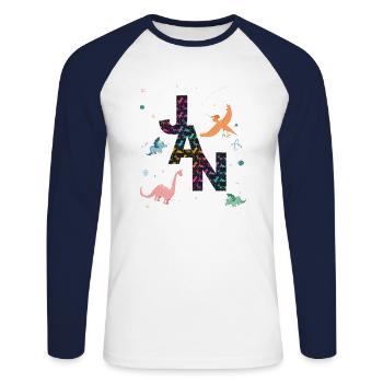 JAN - Schöner Jungen Name mit Dinosaurier - Unisex Baseballshirt langarm - Weiß/Navy - Vorne - Nik (191cm)