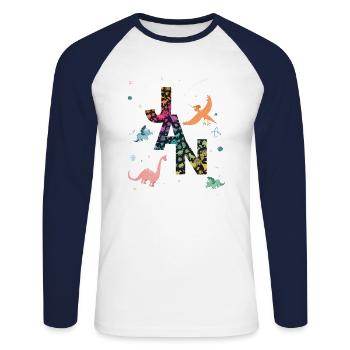 JAN - Beautiful boy name with dinosaur - Unisex Long Sleeve Baseball T-Shirt - white/navy - Front - Nik (191cm)