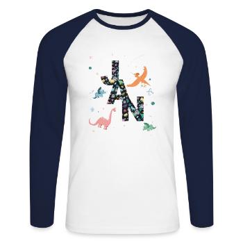 JAN - Schöner Jungen Name mit Dinosaurier - Unisex Baseballshirt langarm - Weiß/Navy - Vorne - Nik (191cm)