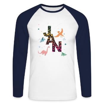 JAN - Beautiful boy name with dinosaur - Unisex Long Sleeve Baseball T-Shirt - white/navy - Front - Nik (191cm)