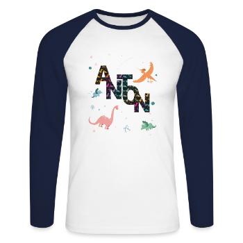 ANTON - Beau prénom de garçon avec dinosaure - T-shirt baseball manches longues Homme - blanc/marine - Devant - Nik (191cm)