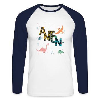 ANTON - Beau prénom de garçon avec dinosaure - T-shirt baseball manches longues Homme - blanc/marine - Devant - Nik (191cm)