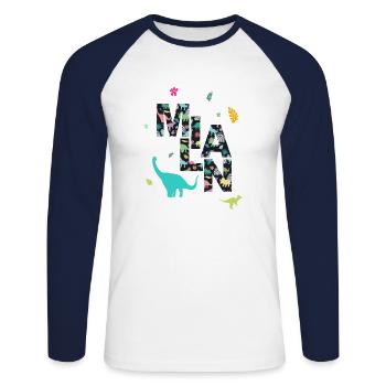 MILAN - Schöner Jungen Name mit Dinosaurier - Unisex Baseballshirt langarm - Weiß/Navy - Vorne - Nik (191cm)