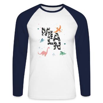 MILAN - Schöner Jungen Name mit Dinosaurier - Unisex Baseballshirt langarm - Weiß/Navy - Vorne - Nik (191cm)