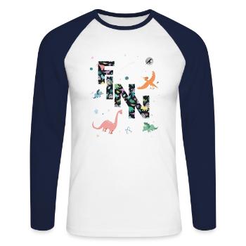 FINN - Beautiful boy name with dinosaur - Unisex Long Sleeve Baseball T-Shirt - white/navy - Front - Nik (191cm)