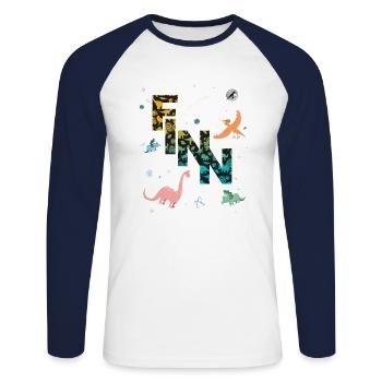 FINN - Beautiful boy name with dinosaur - Unisex Long Sleeve Baseball T-Shirt - white/navy - Front - Nik (191cm)