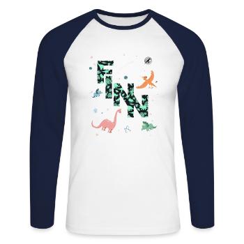 FINN - Beautiful boy name with dinosaur - Unisex Long Sleeve Baseball T-Shirt - white/navy - Front - Nik (191cm)
