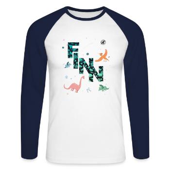 FINN - Beautiful boy name with dinosaur - Unisex Long Sleeve Baseball T-Shirt - white/navy - Front - Nik (191cm)