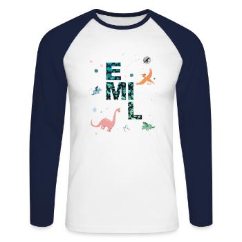 EMIL - Beautiful boy name with dinosaur - Unisex Long Sleeve Baseball T-Shirt - white/navy - Front - Nik (191cm)