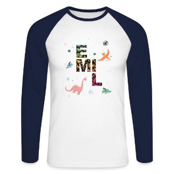 EMIL - Beautiful boy name with dinosaur - Unisex Long Sleeve Baseball T-Shirt - white/navy - Front - Nik (191cm)