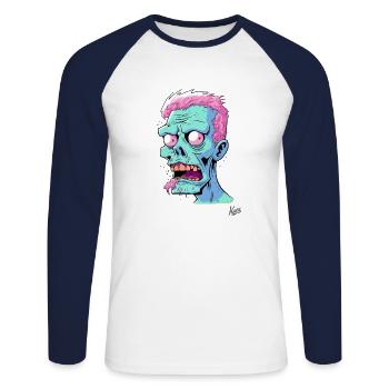 Crazy funny cartoon zombie guy - T-shirt baseball manches longues Homme - blanc/marine - Devant - Nik (191cm)
