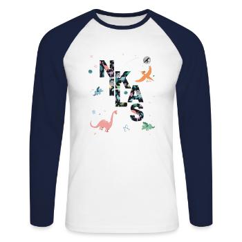 NIKLAS - Beautiful boy name with dinosaur - Unisex Long Sleeve Baseball T-Shirt - white/navy - Front - Nik (191cm)
