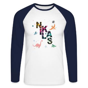 NIKLAS - Schöner Jungen Name mit Dinosaurier - Unisex Baseballshirt langarm - Weiß/Navy - Vorne - Nik (191cm)