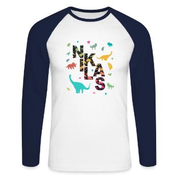 NIKLAS - Beautiful boy name with dinosaur - Unisex Long Sleeve Baseball T-Shirt - white/navy - Front - Nik (191cm)