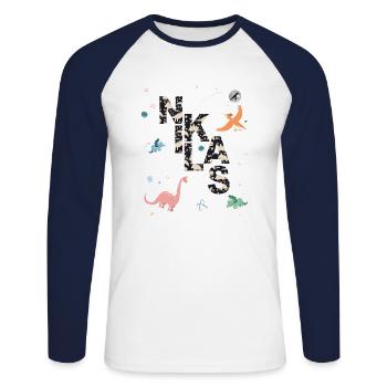 NIKLAS - Beautiful boy name with dinosaur - Unisex Long Sleeve Baseball T-Shirt - white/navy - Front - Nik (191cm)