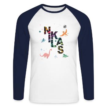 NIKLAS - Beautiful boy name with dinosaur - Unisex Long Sleeve Baseball T-Shirt - white/navy - Front - Nik (191cm)