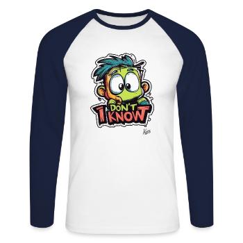 Petit drôle d’homme : Je ne sais pas - T-shirt baseball manches longues Homme - blanc/marine - Devant - Nik (191cm)
