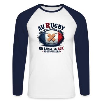 Au Rugby On N'A Jamais BOBO On Laisse ça Aux Foot - T-shirt baseball manches longues Homme - blanc/marine - Devant - Nik (191cm)
