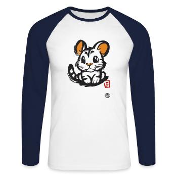 Cute Mouse Tiger Cat - Unisex Long Sleeve Baseball T-Shirt - white/navy - Front - Nik (191cm)