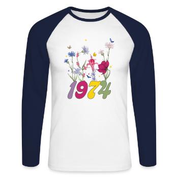 Année de naissance 1974 fleurs sauvages - T-shirt baseball manches longues Homme - blanc/marine - Devant - Nik (191cm)