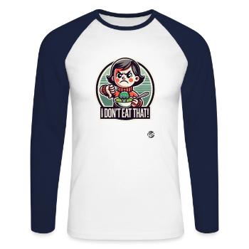 Fille avec cuillère et brocoli, pouces vers le bas - T-shirt baseball manches longues Homme - blanc/marine - Devant - Nik (191cm)