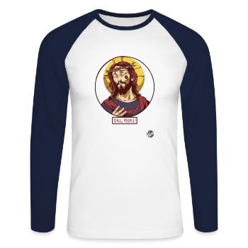 Jésus calme dit : Détendez-vous, les gens - T-shirt baseball manches longues Homme - blanc/marine - Devant - Nik (191cm)