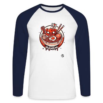 Japanischer Ramen Eier Speck und Schweinefleisch - Unisex Baseballshirt langarm - Weiß/Navy - Vorne - Nik (191cm)